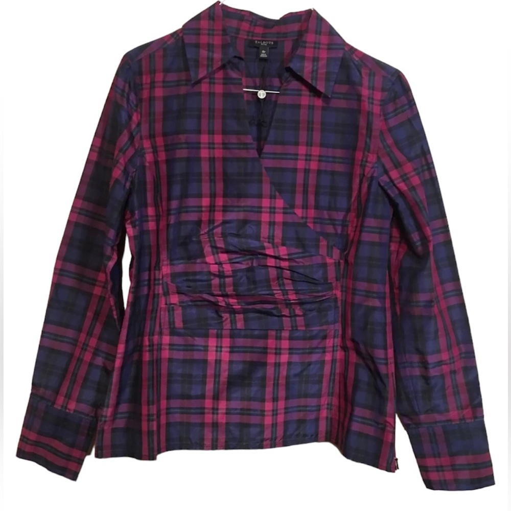 Talbots Silk Cotton Purple Navy Plaid Faux Wrap Blouse Top